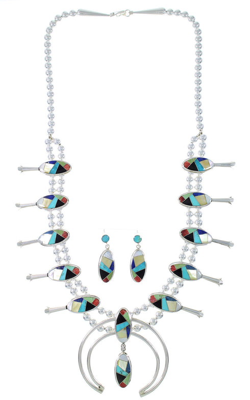 Authentic Sterling Silver Multicolor Inlay Squash Blossom Necklace Set RX94134